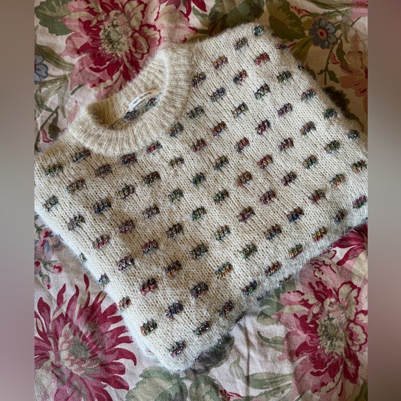 ZARA Size Medium Soft Sweater Ecru Rainbow Glitter Metallic Weave Fancy Knit NEW - Picture 7 of 14
